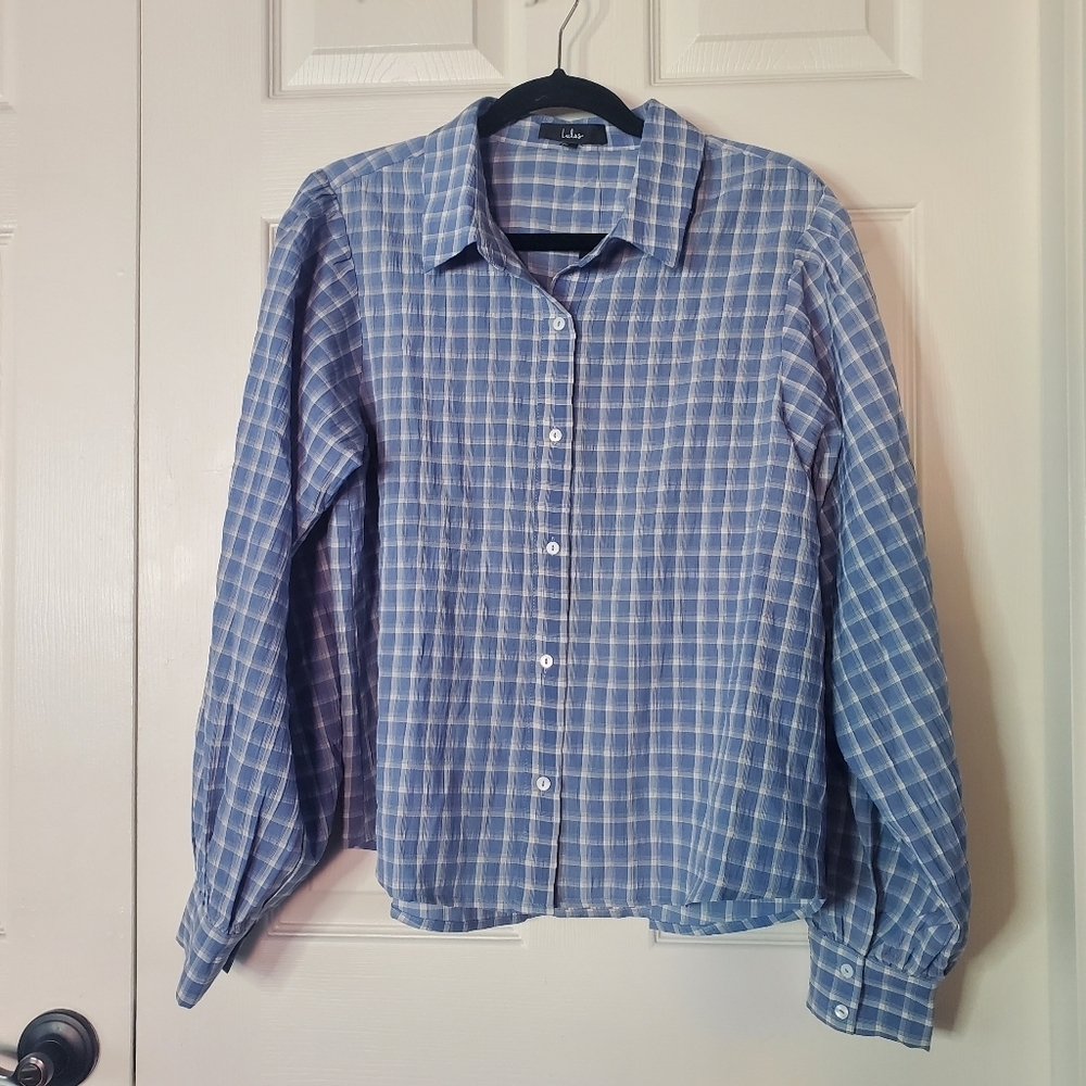 Lulu's Oversized Plaid Blouse Button-up Puff Shoulders Gauzy Boxy Medium Preppy